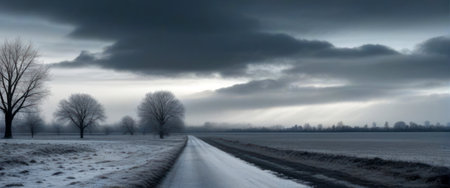 Snow-covered winter road sceneryの素材