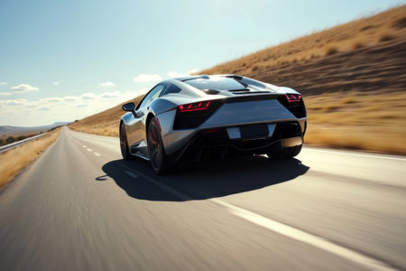 Sports car running on the highway at speed in the sunlight.の素材