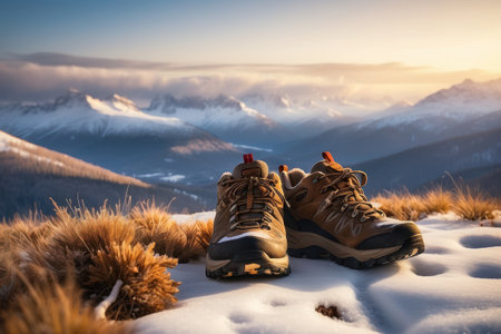 Hiking shoes in the snow with a high mountain viewの素材