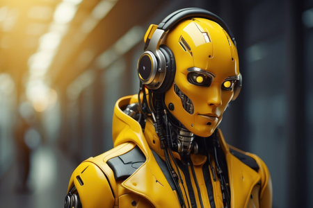 Cyborg robot in yellow suit Wear cool headphones.の素材