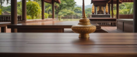 empty wooden floor with thailand temple theme backgroundの素材