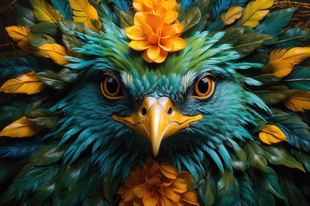 Bird with fantasy green feathers on a beautiful branch.の素材