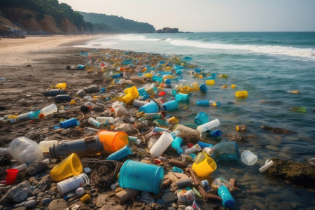 Huge amounts of trash floating through the ocean to the beach.の素材