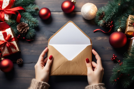 one person view of a hand opening a gift envelope on New Year's Dayの素材