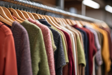 Colorful clothes hung on racks in the room.の素材