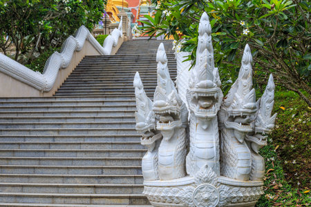 Naga, the king of snake in India and Thai mythology, guarding the entrance to the temple.の写真素材