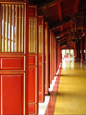 Red doors in vietnamese templeの写真素材