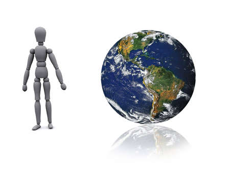 3d man is standing next to a globeの写真素材