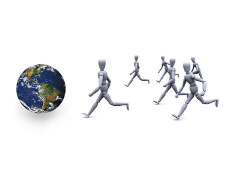 3d people are fast running towards earthの写真素材