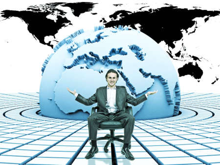 3d rendered earth with circular blocks around it with a businessman sitting on themの写真素材