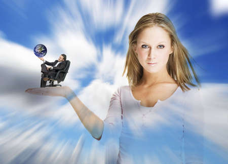 pretty girl has a businessman in her handの写真素材