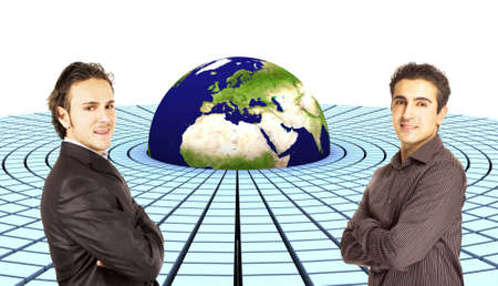 3d rendered earth with circular blocks around itの写真素材