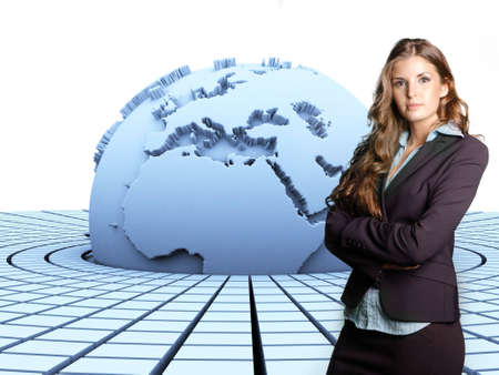 3d rendered earth with a businesswoman in front of it