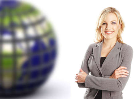 a portrait of a business woman next to the earth with the earth blurry in thebackgroundの写真素材