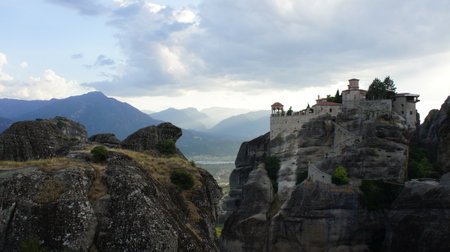 looking west in the mountains Trigia Avgo and Flegga  from the rocks of Meteora Greeceの写真素材