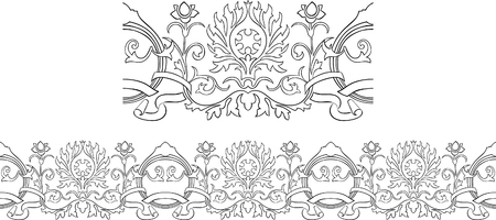 Stylized Victorian style repeating border outline with ribbon and floral elementsのイラスト素材