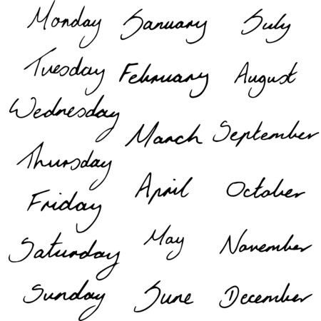 Handwritten Days of the Week and Months of the Year. のイラスト素材