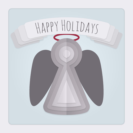 Square Christmas card with a 3d layered and folded paper angel design and a banner with a Happy Holidays Messageのイラスト素材