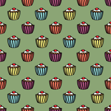 Seamless background tile with cartoon iced cupcakes pattern.This file is Vector EPS10 and uses a clipping mask.のイラスト素材