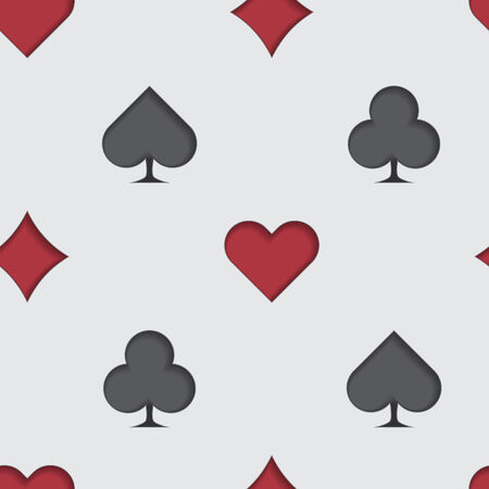 Seamless background tile with cut out 3d effect playing card suit symbols. This file is Vector EPS10. It uses clipping mask, blends and transparencies.のイラスト素材