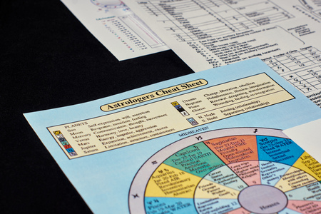 Astrological forecast. Astrologers cheat sheet on the background of astrological charts on dark velvet backgroundの写真素材