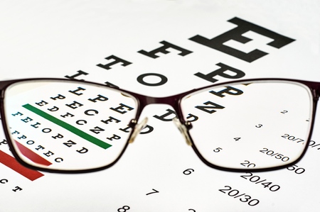 corrective glasses on the background of the Snellen chartの写真素材