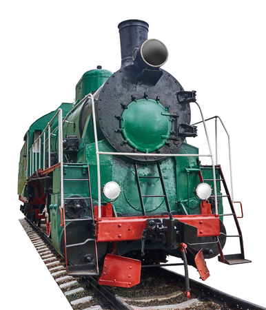 Old steam locomotive standing on rails, vintage train, general view. Isolated on white.の写真素材