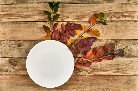white plate on autumn background. Wooden background, flat layの写真素材