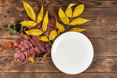 white plate on autumn background. Wooden background, flat layの写真素材
