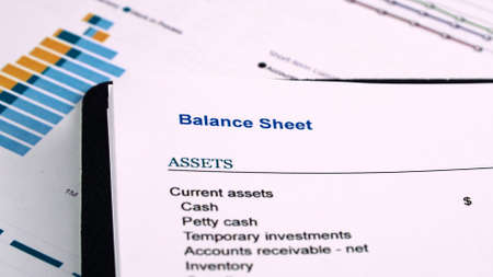 Conceptual composition. Balance sheet form on the background of financial documents, close-upの写真素材