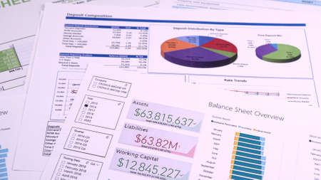 Conceptual composition. Balance sheet overview form and pen on the background of financial diagramm,...
