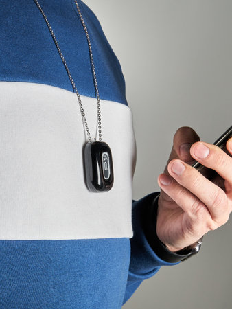 Personal miniature air purifier wearable on the body. Ionization disinfecting effect. The device...