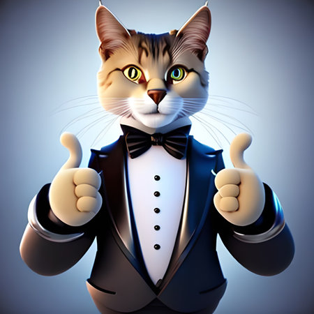 A 3D cartoon character of an anthropomorphic cat wearing a tuxedo, flashing a charming smile while holding a blank board in its hands, exuding confidence and charisma, ready to captivate any audience with its feline charm.の素材