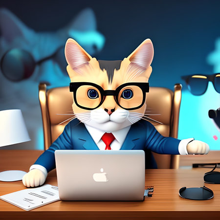 An adorable 3D cartoon cat, wearing glasses and a stylish suit, sits at a desk with a laptop, confidently managing business affairs. A perfect blend of cuteness and professionalism, this anthropomorphic cat is the epitome of a tech-savvy feline CEO.の素材