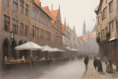 Muted watercolor sketch of Bruges' medieval architecture, showcasing its quaint storefronts and cobbled streets. Ink splatters and soft impressionist brushstrokes add texture and depth, while a sepia monochrome palette gives the piece a timeless, vintage feel.の素材