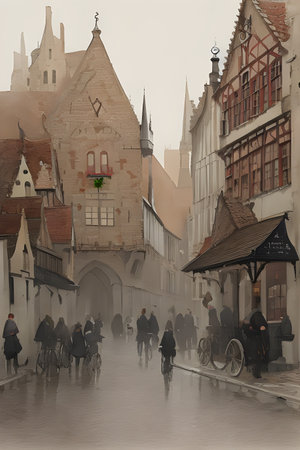 Muted watercolor sketch of Bruges' medieval architecture, showcasing its quaint storefronts and cobbled streets. Ink splatters and soft impressionist brushstrokes add texture and depth, while a sepia monochrome palette gives the piece a timeless, vintage feel.の素材