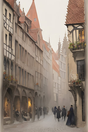 Muted watercolor sketch of Bruges' medieval architecture, showcasing its quaint storefronts and cobbled streets. Ink splatters and soft impressionist brushstrokes add texture and depth, while a sepia monochrome palette gives the piece a timeless, vintage feel.の素材