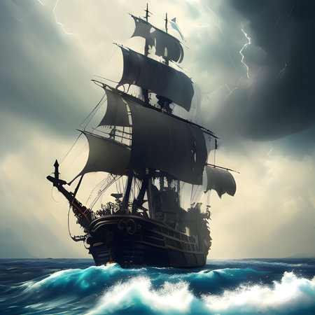 A pirate ship battles through a raging ocean storm with lightning strikes and tidal waves.の素材
