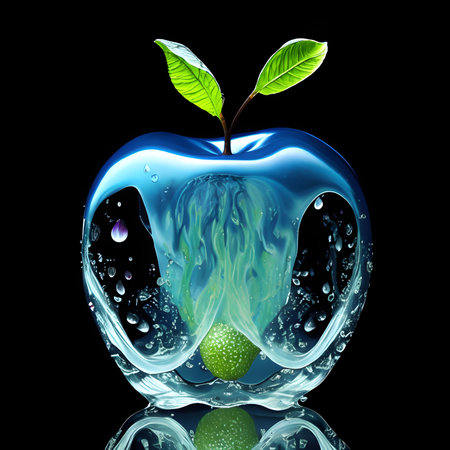 A crisp red apple captured mid-splash as water droplets create a halo effect.の素材