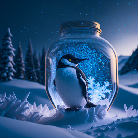 A penguin looks out from a jar amidst a snowy landscape, a reminder of the fragility of life in captivity.の素材