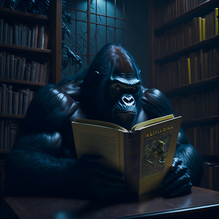 A gorilla engages in literary exploration at the library.の素材
