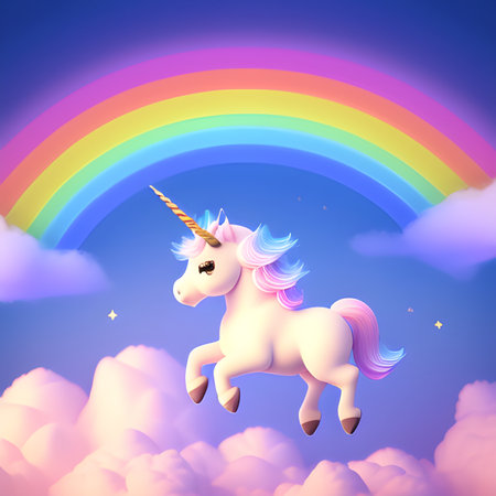 3D image of a furry unicorn peacefully on a whimsical flying cloud amidst a vibrant rainbow and cloud backdrop. A dreamy masterpiece perfect for all fantasy lovers, Generative AIの素材