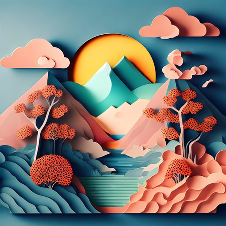 A captivating paper art composition showcasing the awe-inspiring beauty of mountains, sunlit rivers, lush trees, and ethereal clouds. Immerse yourself in the harmonious serenity of nature's wonders.の素材