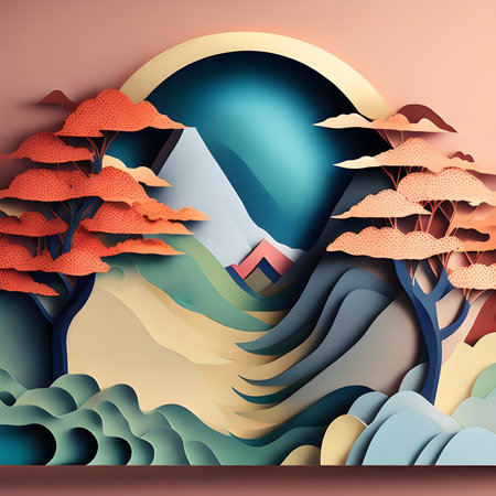 A captivating paper art composition showcasing the awe-inspiring beauty of mountains, sunlit rivers, lush trees, and ethereal clouds. Immerse yourself in the harmonious serenity of nature's wonders.の素材