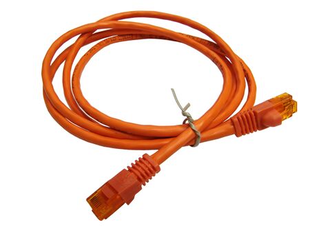 An orange network patch cable, isolated
