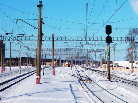 Rails crossings not far from a railway stationの写真素材
