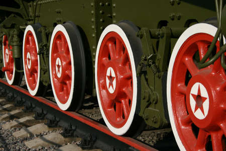 A WWII museum war train colored car wheelsの写真素材