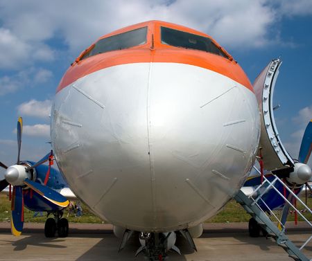 An orange plane view from the frontの写真素材