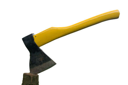 A yellow axe in a tree trunk isolated on whiteの写真素材