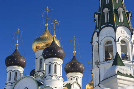 Church of St. Alexander Nevsky near Moscow, Russia, on a deep blue frosty winter sky backgroundの写真素材